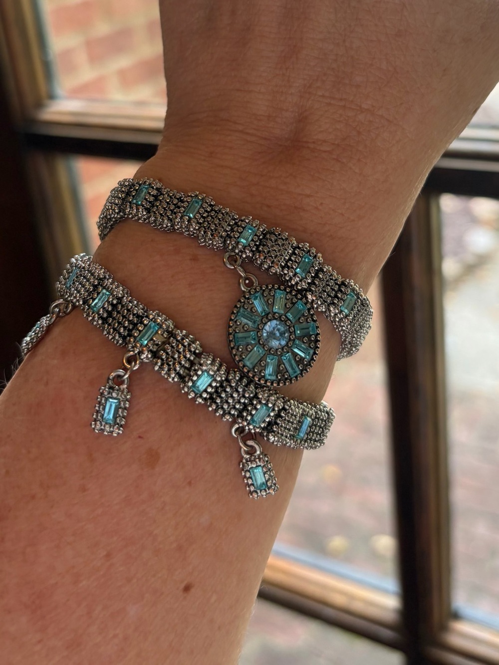 Set of 2 Turquoise Crystal Stretch Bracelets